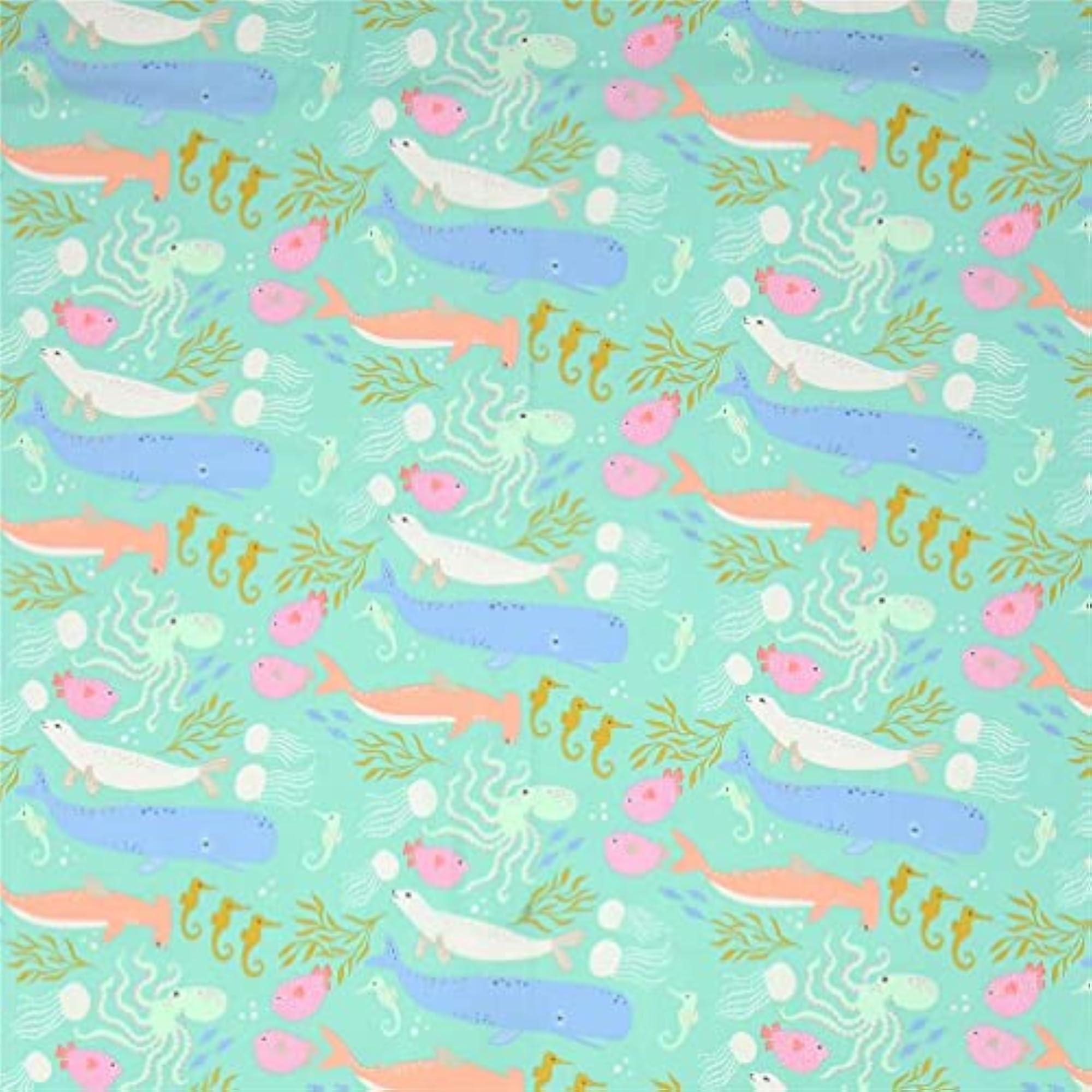 Sea Animal Fabric in Mint Green with Octopus and Whales