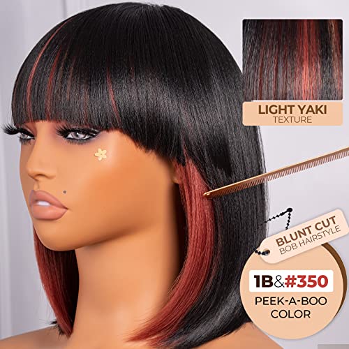 ToyoTress Short Bob Wigs With Bangs - 12 Inch Black Mix Orange Yaki Straight Hair Daily Costume Wig For Black Women, Soft Light Synthetic Hair Replacement Wigs Heat Resistant (12 Inch, SH350-612H)