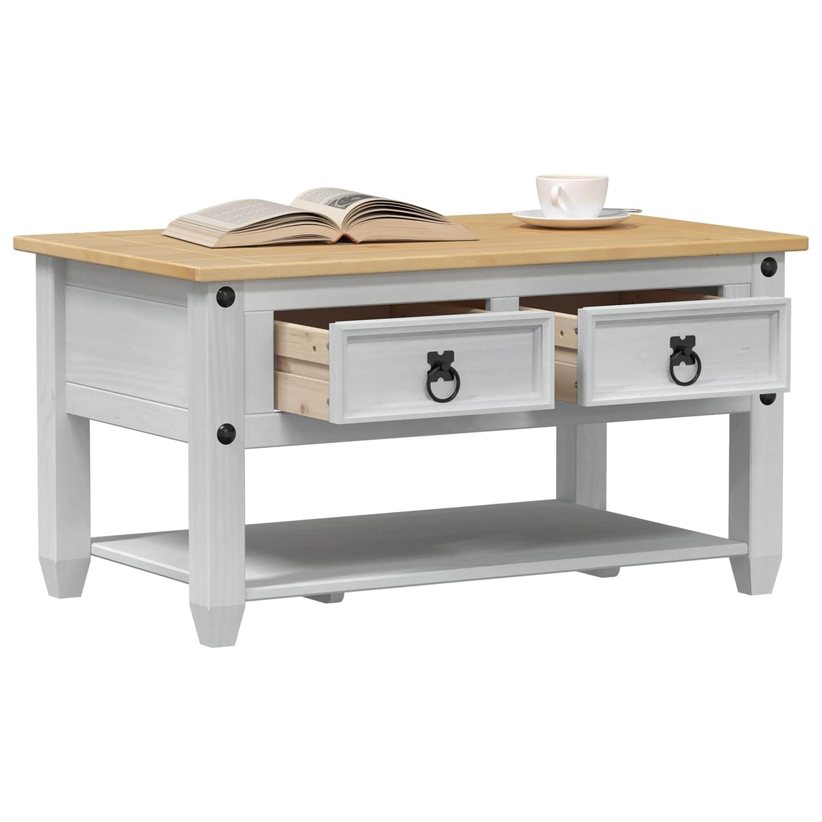 vidaXL Couchtisch Weiß 85 x 50 x 45 cm Massives Kiefernholz, Beiger rechteckiger Eichentisch, rustikale Optik mit viel Stauraum, kompakte Wohnzimmermöbel, täglich nutzbar