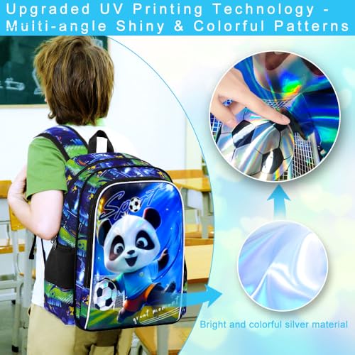 Image of 16 inch Panda Soccer Backpack Set for Boys 4-8, 3Pcs Kindergarten School Bag with Football Lunch Box, Lightweight Bookbag (Blue)
