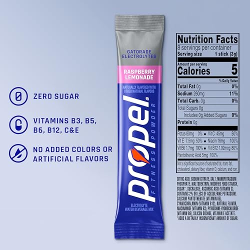 Image of Propel Electrolyte Powder Drink Mix, Raspberry Lemonade, (32 Servings), Zero Sugar, Enhanced Water Beverage, Gatorade Electrolytes, Vitamins, No Added Colors, No Artificial Flavors, Hydration