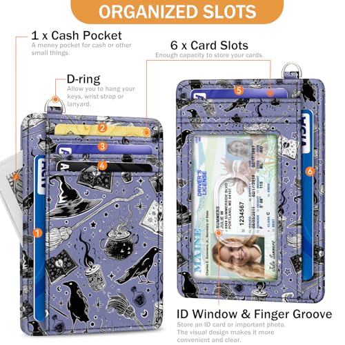 Image of Yonlevres Credit Card Holder Slim Wallet, Magic Goth RFID Wallet Women Front Pocket Small Card Holder Travel Cute Funny Thin Card Case ID Window PU Leather RFID Blocking Card Organizer Gifts Girls
