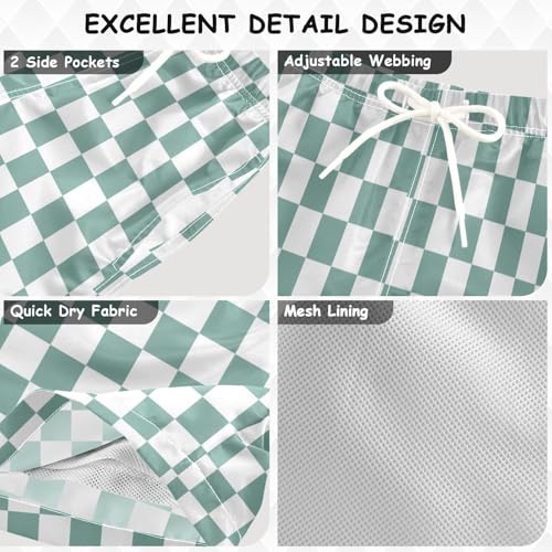 Green Teal White Checkered Boys Swim Trunks Kids Toddler Beach Board Shorts Teen Quick Dry Bathing Suit Swimsuit3