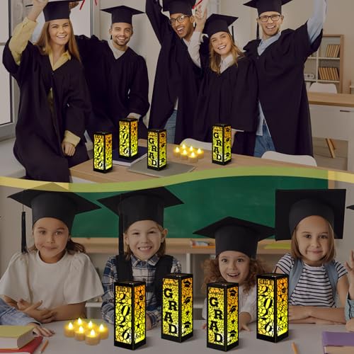 Image of Rossesay 6 Pcs Graduation Table Centerpieces Boxes Class of 2026 Graduation Lanterns for Centerpieces with LED Candles Congrats Grad School College Photo Props for Party Table Decoration (Black)