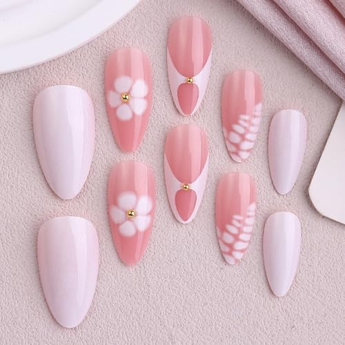 Image of White Press on Nails Medium Almond False Nail with Flower Fake Nails Nude Stick on Nail Glossy Full Cover for Women Manicure 24Pcs