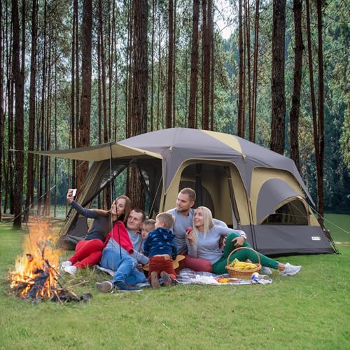 Carpa para camping de 8–12 personas, 2 habitaciones con divisor de cremallera, porche, carpa cabaña extra grande impermeable con 3 puertas y ventanas de malla, instalación fácil, 2.16 m de altura para camping al aire libre miniatura 2
