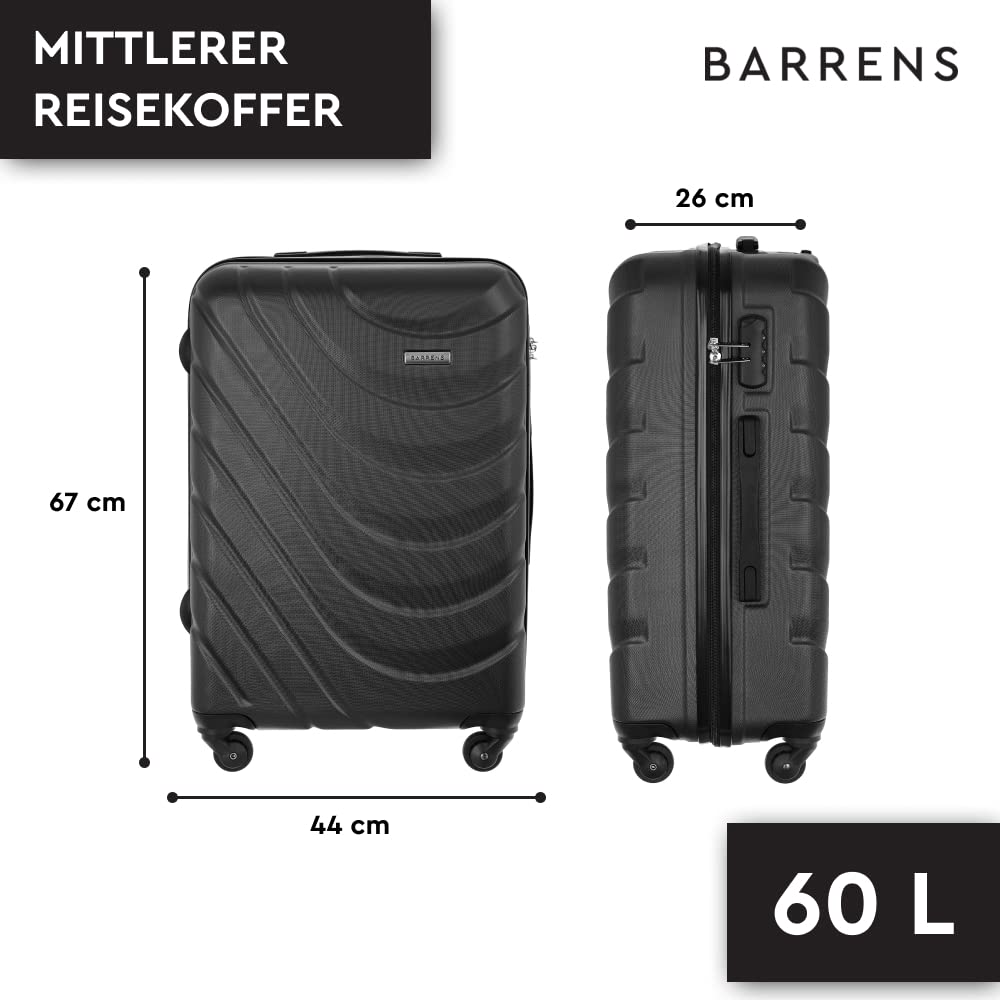 BARRENS Mittel Koffer Hartschalen-Koffer Rollkoffer Reisekoffer, Mittelgroßer Trolley mit 360° Rollen, Koffer mit Zahlenschloss Teleskopgriff, 63L Reisekoffer für Geschäft, 66x46x26 cm (Schwarz)