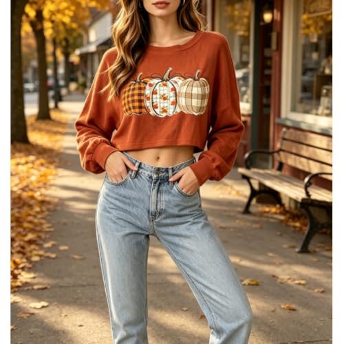 Womens Halloween Crop Long Sleeve Tshirt Fall Vintage Graphic Tee Loose Top - image 3
