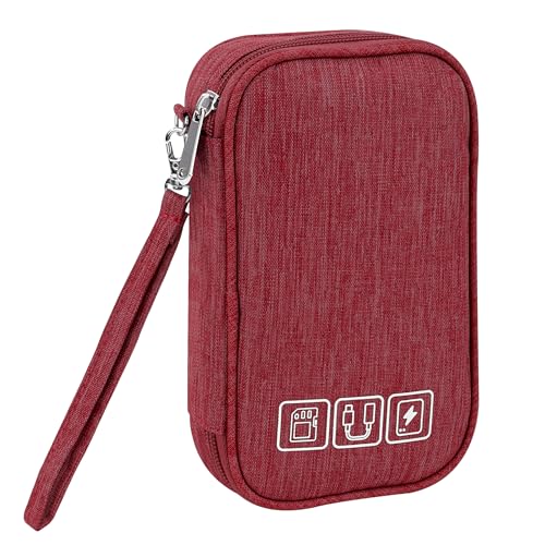 Tunejoy Sac de Rangement Câbles Petit Electroniques Portable Pochette Rangement Imperméable Organisateur pour Banque d'alimentation Fil d'écouteur USB 18,5x11,5x2,5 cm Rouge