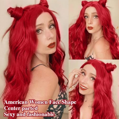 Xuehua wigs for women,26in Long Red Center Parting Wavy Wigs for Women–Big Bouncy Fluffy Heat-resistant Synthetic Fiber Wigs,Ideal for Everyday and Parties (Red)