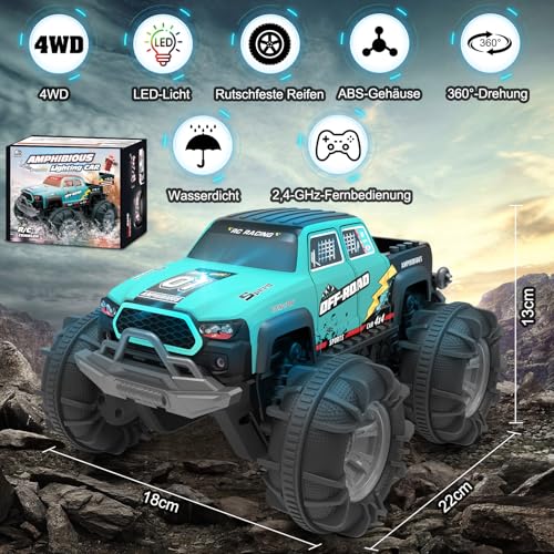 4WD Amphibisches Ferngesteuertes Auto,RC Auto wasserdicht mit Gestensensor,LED Licht & 2 Akkus,Geschenk für Jungen & Mädchen 4-12 Jahre,Spielzeugauto für Sand,Wasser & Gelände,Baustein-kompatibel