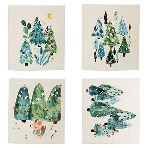 Swedish Kitchen Dishcloths, 4 Pieces Reusable Sponge Cleaning Cloths, Kitchen Cloths Absorbent Dish Cloth Washable Kitchen Towels for Kitchen Cleaning, Mixed Christmas Trees Cover
