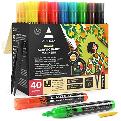 ARTEZA Acrylic Paint Markers, 40 Vibrant Acrylic Paint Pens with Bullet Nibs & Replaceable