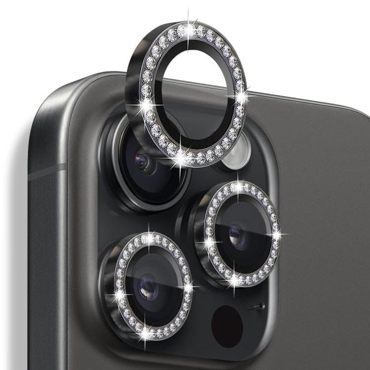 Image of Compatiable with iPhone 16 Pro / 16 Pro Max Camera Lens Protector Ring - Diamond Design | 9H Tempered Glass | HD Clear | Anti-Scratch | Anti-Drop Black Diamond