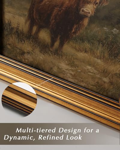 Image of HUARCEY Gold Framed Vintage Wall Art for Living Room, Animals Painting Prints Shelf Decor for Kitchen, Aesthetic Bedroom Wall Art, Best Gifts for Friends or Family - Highland Cattle 10L x 8W