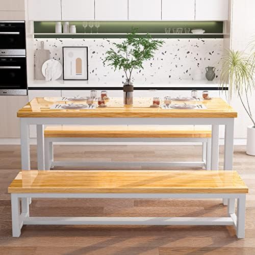 AWQM 43.3" Dining Table Set for 4, Kitchen Dining Table with 2 Benches, Dining Room Table Set with Metal Frame & Thickened Board for Kitchen, Restaurant, Oak