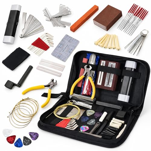72Pcs Guitar Maintenance Kit with Picks: TVOOD Guitar Tool Kit with Carry Bag Bridge Pins Hex Wrenches String Action Ruler Fretboard Guard Guitars Setup Kits for Music String Instrument Enthusiast