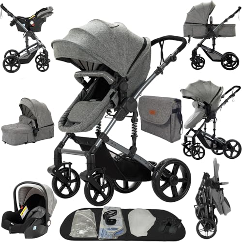 Prokoke Poussette 3 en 1, Pousette Bebe avec Conception Pliable en Un Clic, Poussette Combinée...