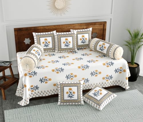 Image of BLOCKS OF INDIA 200TC Diwan Set Cotton 8 Piece | Deewan Printed Bedsheet Sets for Living Room Hall (Set of 8 Piece, 1-Bed Sheet | 2-Bolster Cover | 5-Cushion Cover (Color 46)