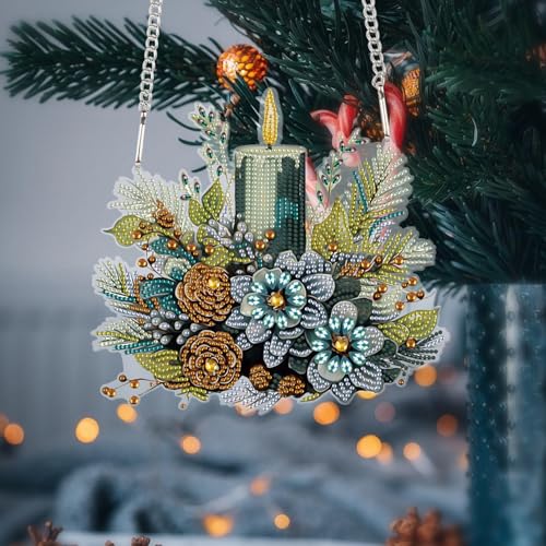 Image of AiYuanzsh Large 5D DIY Christmas Diamond Painting Hanging Ornament Kit | Crystal Diamond Art Pendant, Candle and Floral Decoration, 24.1 x 21.9 cm, Holiday Wall, Window & Door Hanging