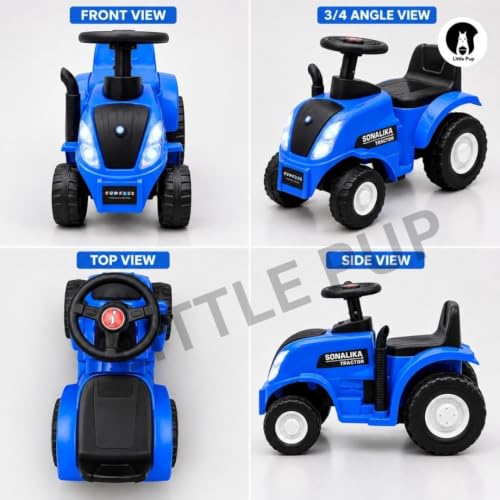 Image of Little Pup Kids Ride On Tractor Toy with Music & Horn, Steering Wheel, Comfortable Backrest, Wide Footrest & Sturdy Wheels for Boys & Girls (Blue)