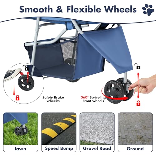 Image of Sweetcrispy 3 Wheels Pet Stroller for Small Dogs and Cats - Foldable Dog Stroller with Mesh Windows, Storage Basket & Cup Holder, Lightweight & Durable Pet Carrier for Travel, Outdoor Use, Blue