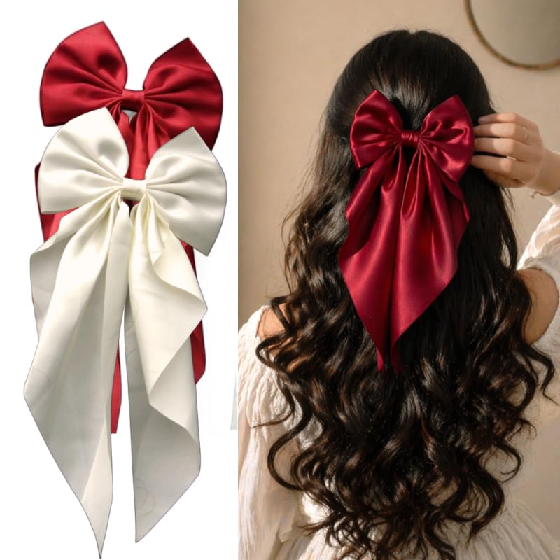 2 Pack Off White & Red Satin Hair Bow Clips for Women, Luxury Silky Satin, Hair Clip - Hair Bow Clips for Women and Girls, Cute Hair Accessories for Girls, Hair Bows for Women, Bow Hair Clips-image-3