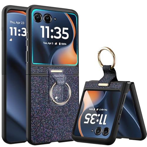Coque Motorola Razr 2025 avec anneau et protection d'écran intégrée antichoc noir pailleté