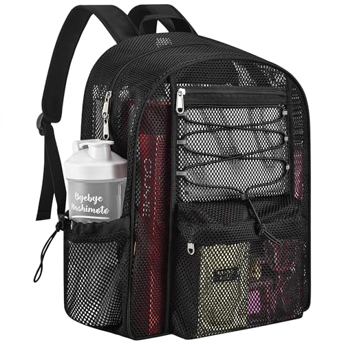 Mesh Backpack Heavy Duty for School, 24L Large Mesh Bookbag for Adults, Black School Bag with Comfort Padded Straps for Work Swimming Beach Fitness Sport