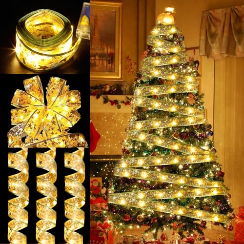 JAMITE Guirlandes Lumineuses à Ruban Brillant Lumières de Noël à LED de 10m,Decoration Sapin Noel,Arc en Dentelle DIY Décor Arbre De Noël Vacances Intérieur Extérieur,Lumière Blanche Chaude