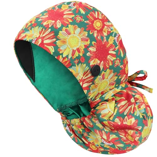 Satin Lined Scrub Cap for Women, Bouffant Nurse Cap with Sweatband and Buttons, Adjustable Surgical Hat for Curly Hair, Braids, Long Hair and Buns, Orange Glow