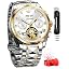 silver and gold strap with white dial