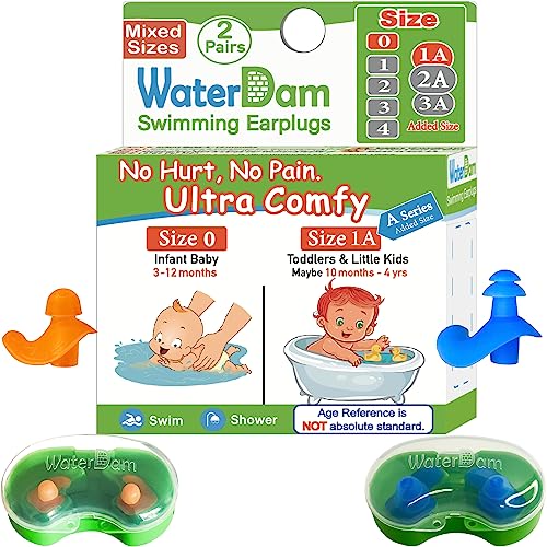 Image of WaterDam A-Series Swimming Ear Plugs Ultra Comfy Great Waterproof Earplugs (Mixed Sizes, Size 0+1A: Infants Babies Toddlers 3-18months (Orange Blue))
