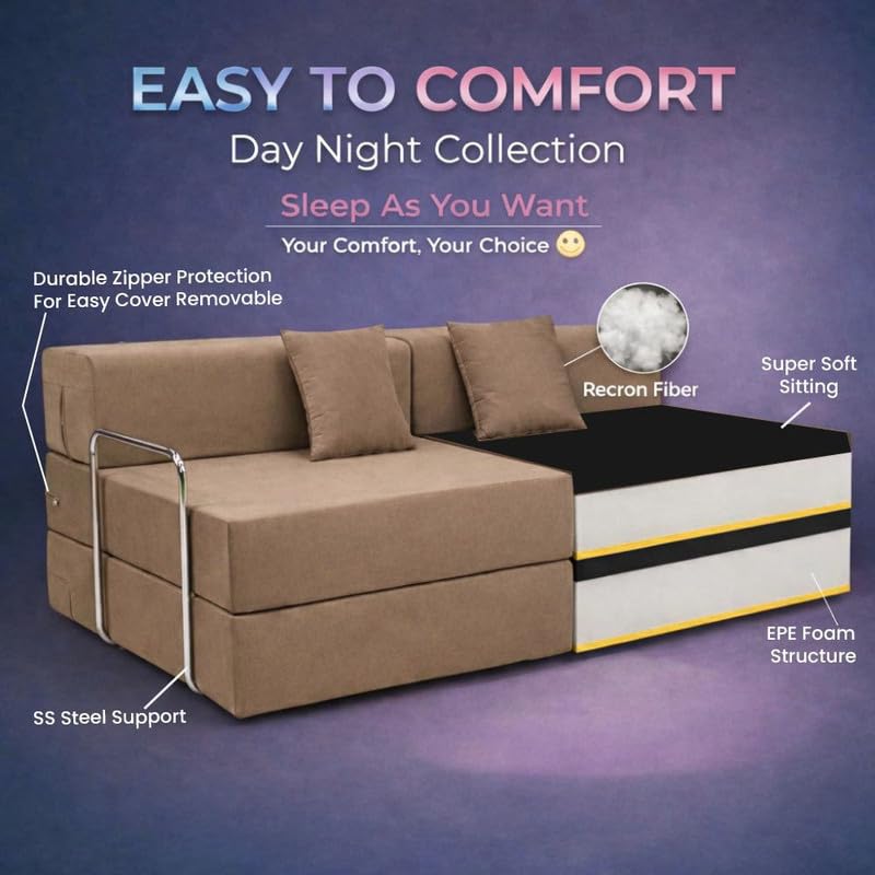 Image of Adorn India Easy Premium Modular 4 Seater Sofa Cum Bed | Velvet Suede Fabric | Colour Camel | Modern Design | Size 6x6 Fit | Comfortable for Seat & Sleep | Washable Cover | Perfect for Home & Office