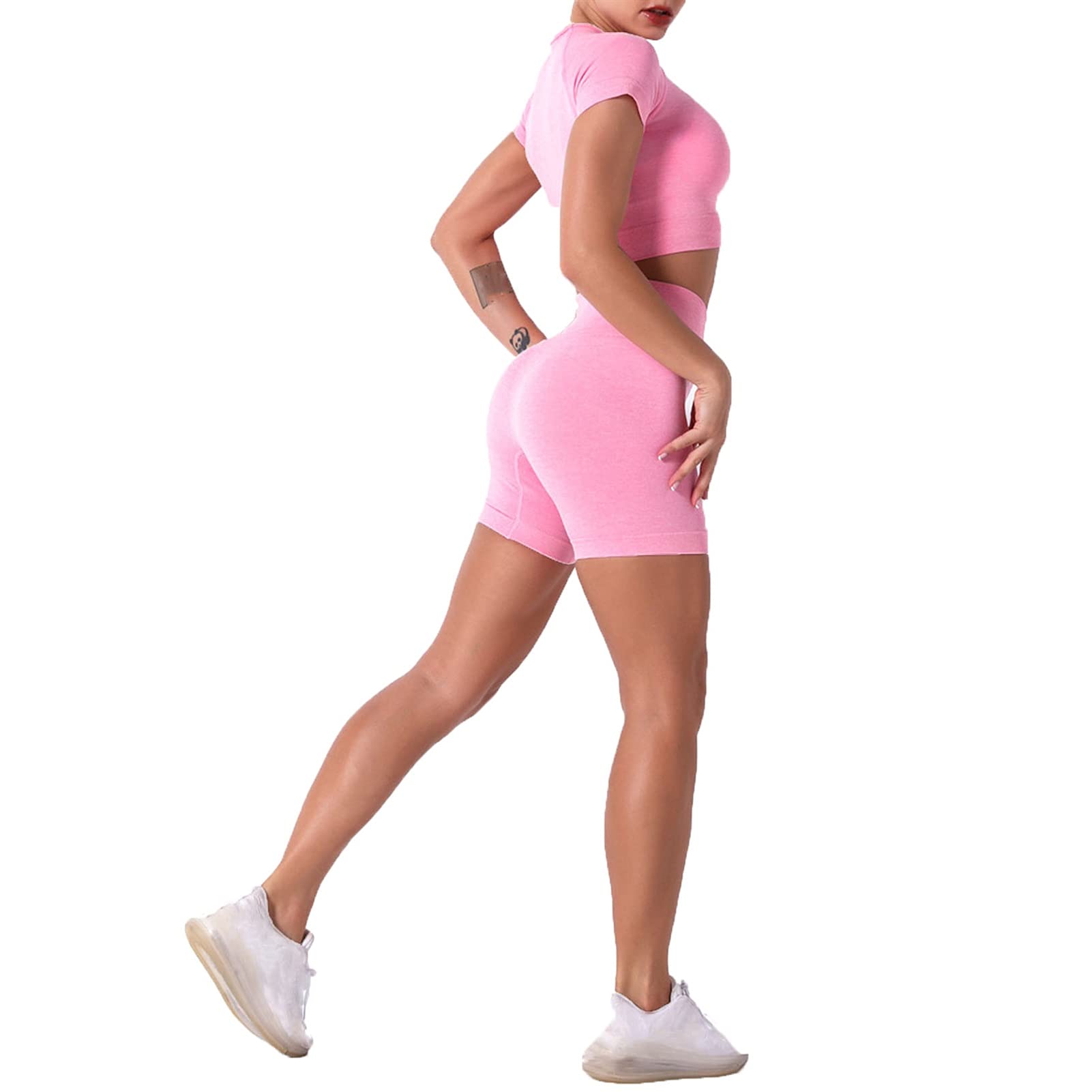 Conjunto de Ropa Fitness Deportiva para Mujer, Trajes de verano para mujer Trajes de 2 piezas Cuello redondo de manga corta Cultivo de manga corta Top altas Cintura inconsútil Yoga Shorts Leggings Ent
