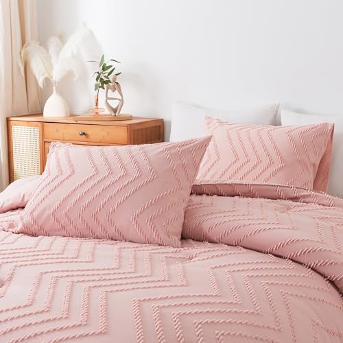 Image of Andency Pink Comforter Set King, Boho Cute Girls Women Soft Fluffy Warm Lightweight Bedding Comforter Sets for King Bed, 3 Pieces Chevron Tufted Aesthetic Microfiber Comforter Set