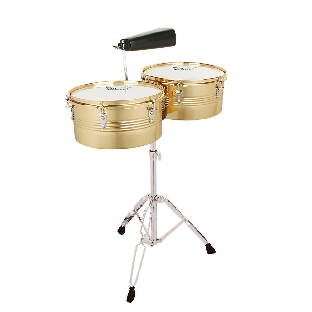 Percussion 13" & 14" Timbales Drum Set with Stand and Cowbell (Golden)