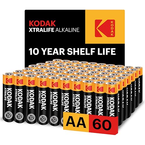 Kodak Xtralife 60-Pack AA Batteries, Double A Alkaline Battery Pack, 1.5V, 10-Year Shelf Life, LR6, Ideal for High-Drain Devices, 12x More Power, Plastic Free Cardboard Outer Carton