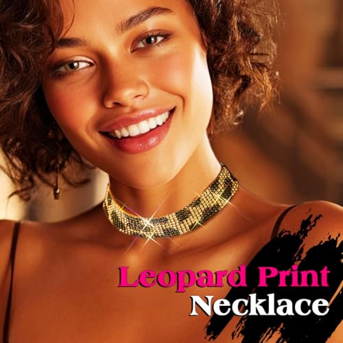 JEAIRTS Chunky Leopard Choker Necklace Sparkly Gold and Black Rhinestone Jewelry for Women3