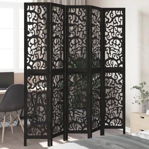 Vetnasa Biombo Separador de 5 Paneles Madera Maciza Paulownia Negro Mobiliario, Divisores de ambientes Negro 14,55 KG