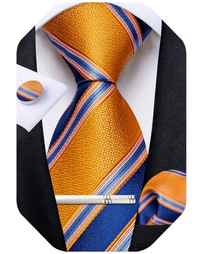 Image of DiBanGu Mens Tie Silk Plaid Striped Necktie and Pocket Square Cufflinks Tie Clip Set with Gift Box Formal Wedding Party