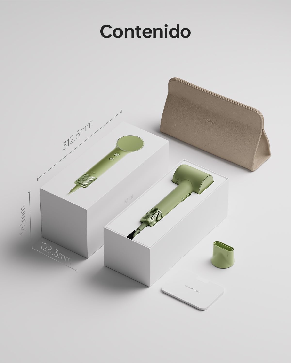 Laifen Mini Secador de Pelo de Viaje con Bolsa, 110 000 rpm, 299g, Verde | 110.000 rpm, Secador de Viaje Iónico, 200 Millones de Iones Negativos, 61 dB, Incluye Funda Protectora