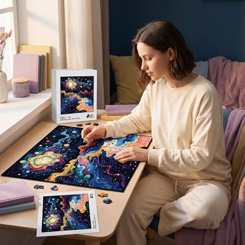 Rompecabezas de Madera para Adultos, 280 Piezas, Diseño Galaxia Noche Estrellada, Piezas Irregulares Únicas, Dificultad Intermedia, 9.6x11.1 Pulgadas, Ideal para Regalo miniatura 6