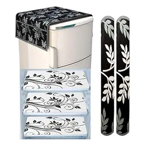 Goel Home Decor Exclusive Decorative Kitchen Combo 1 Fridge Top Cover(Black Leaf), 2 Handle Cover and 3 Fridge Mats (Tehni) - 6 Pieces Set