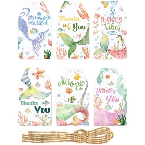 Wudaizhi 60 Etiquetas De Sirena, Etiqueta De Regalo Mágica con Cuerdas, Etiquetas Colgantes De Sirena, Tarjeta De Regalo, Decoraciones para Fiesta De Cumpleaños Temáticas para Niñas Bajo El Mar