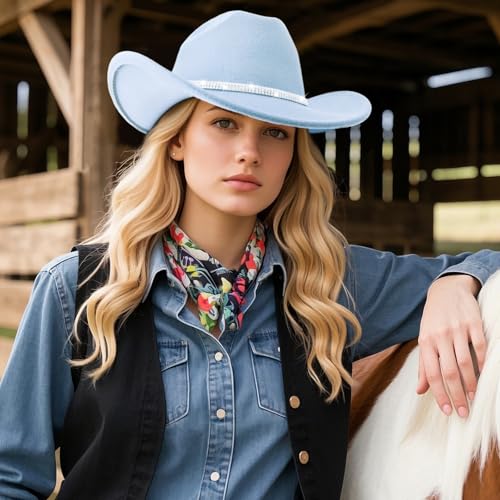 Image of DRESHOW Glitter Cowboy Hat Classic Western Rhinestone Cowgirl Hat Outdoor Wide Brim Retro Felt Fedora Hats Rolled up Caps