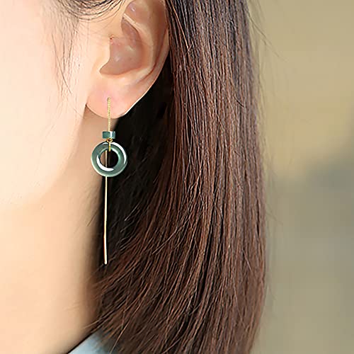 Dainty 14K Gold Plated Earring Wire Over 925 Sterling Silver, Long Dangle Natural Blue Water Jadeite For Women Drop Donut Earrings, Girls Threader Chinese Luck Jewelry Gfit For Mom #TOP1