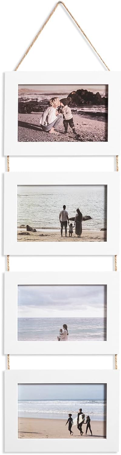 Collage Photo Frame 4x6, Hanging Picture Frames for Wall Decoration, Rustic 4 Opening Vertical Wood Picture Frame Wall Display Frame, Home Office Decoration (White)