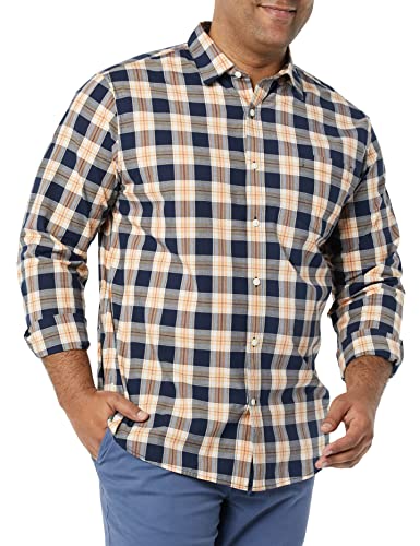 Amazon Essentials Men's Long-Sleeve Regular-Fit Stretch Poplin Shirt, Navy Peach Plaid, Small