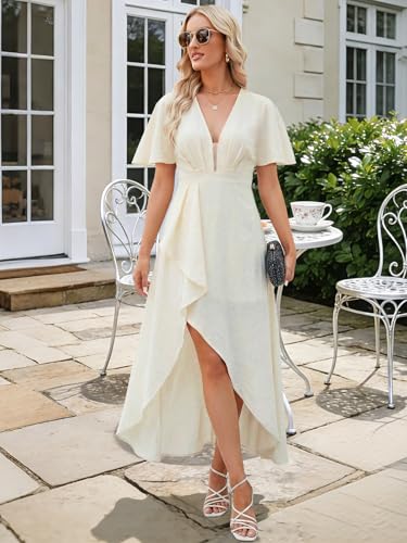 Womens Summer Short Sleeve V Neck Maxi Dress High Low Split Long Flowy Dresses Formal Cocktail Wedding Guest Dresses Beige — view 4